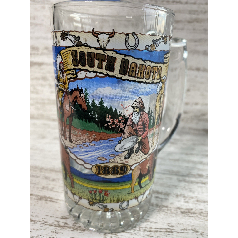 Vintage South Dakota 1889 Souvenir Glass Beer Mug Stein Western Barware 5.75"